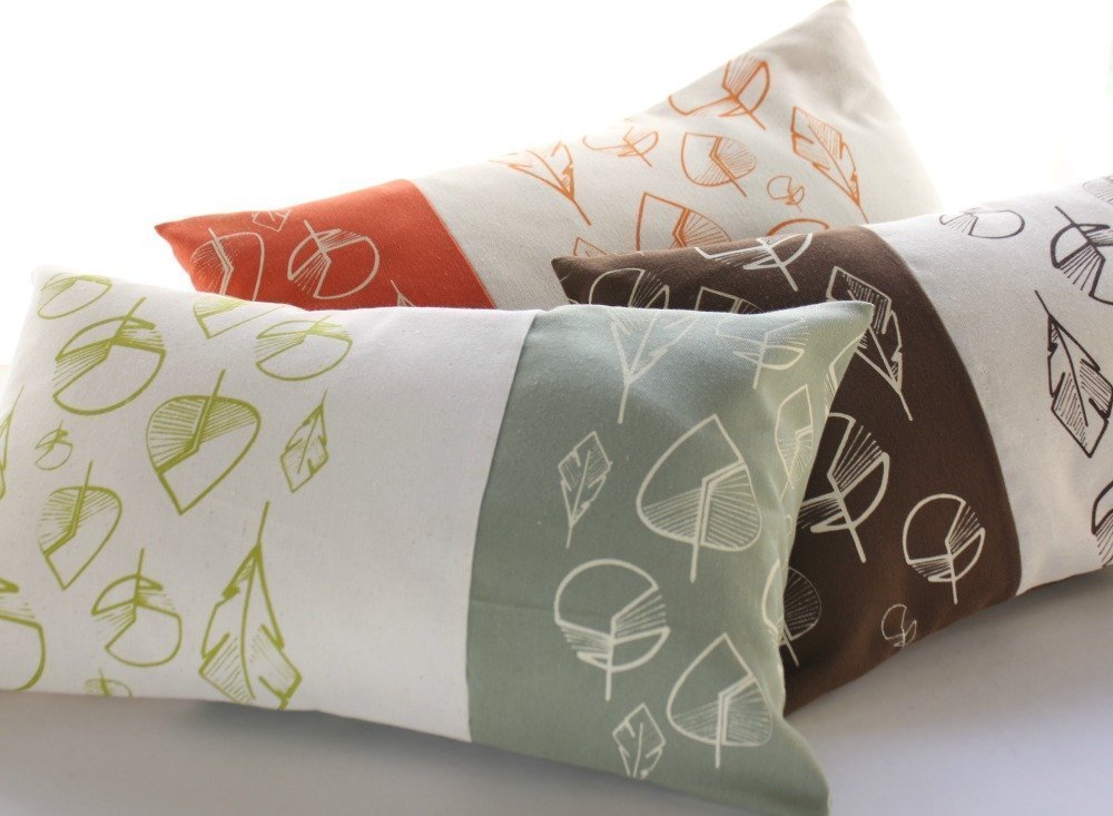 Accent Lumbar pillow cover with leaves handprinted by