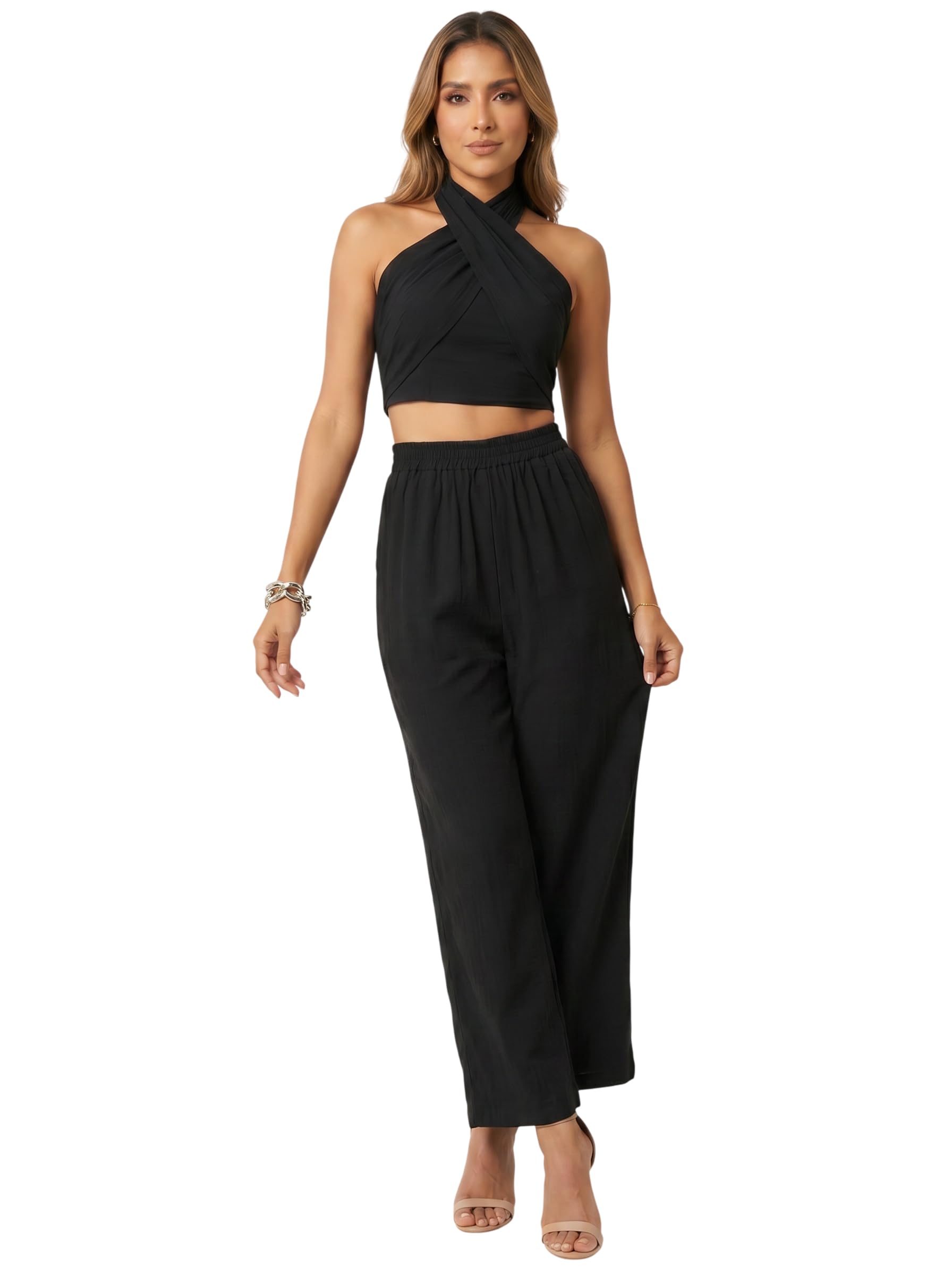 Womens Linen Blend Co Ord Halter Crop Top Wide Leg Pants Summer Set-image-17