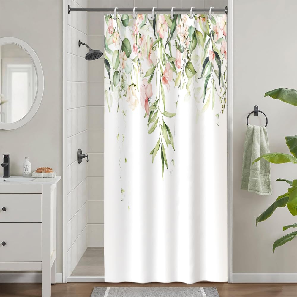Tenda Doccia Con Foglie Di Eucalipto E Fiori Rosa – 183x183 Cm, Tessuto Impermeabile Con 12 Ganci, Stampa Acquerello, Per Bagno Elegante