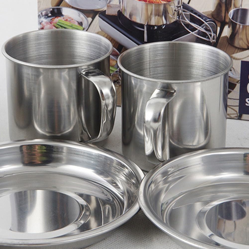 Oniissy Batterie de cuisine de camping en acier inoxydable 8 pièces avec poignées pliantes pour 5 à 6 personnes, kit de cuisson portable pour cuisinière à gaz et cuisinières électriques avec
