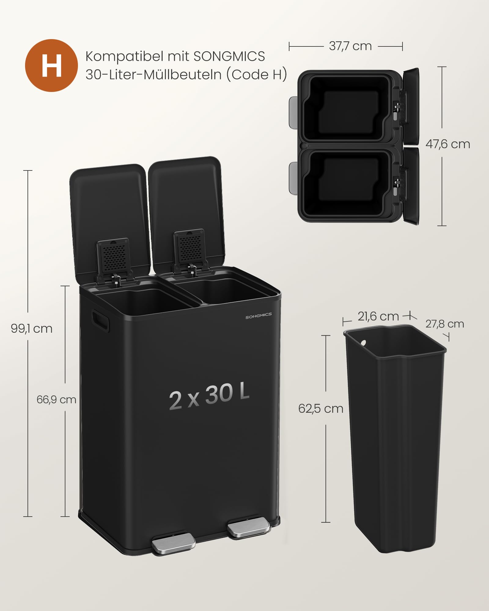 SONGMICS Mülleimer Küche 2 x 30 Liter 2 Fächer Tretmülleimer mit Softclose-Deckel Stahl tintenschwarz LTB741B02