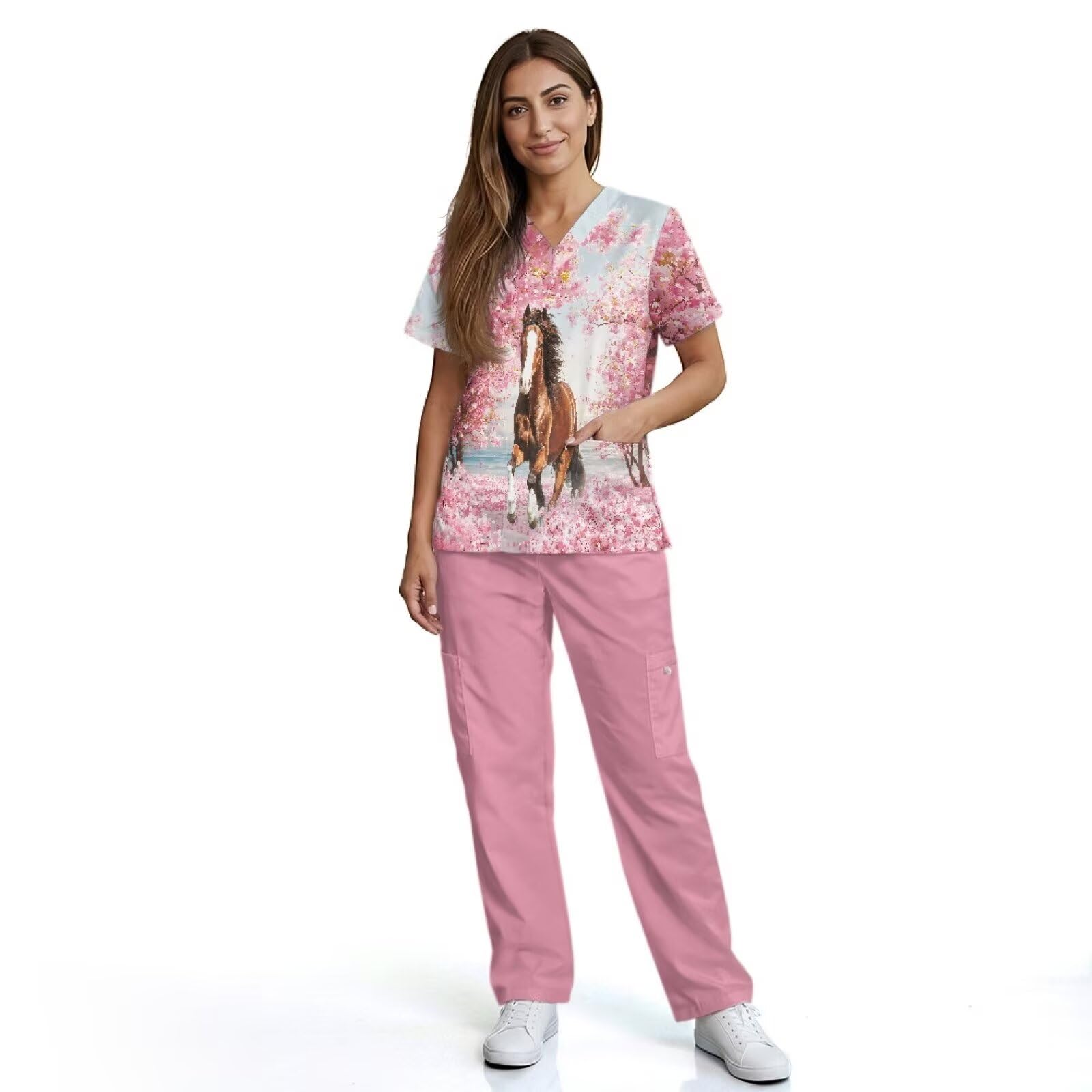 Set di scrub per cavalli da donna, comodi scrub medici per operatori sanitari, a bassa manutenzione e resistenti alle pieghe, rosa