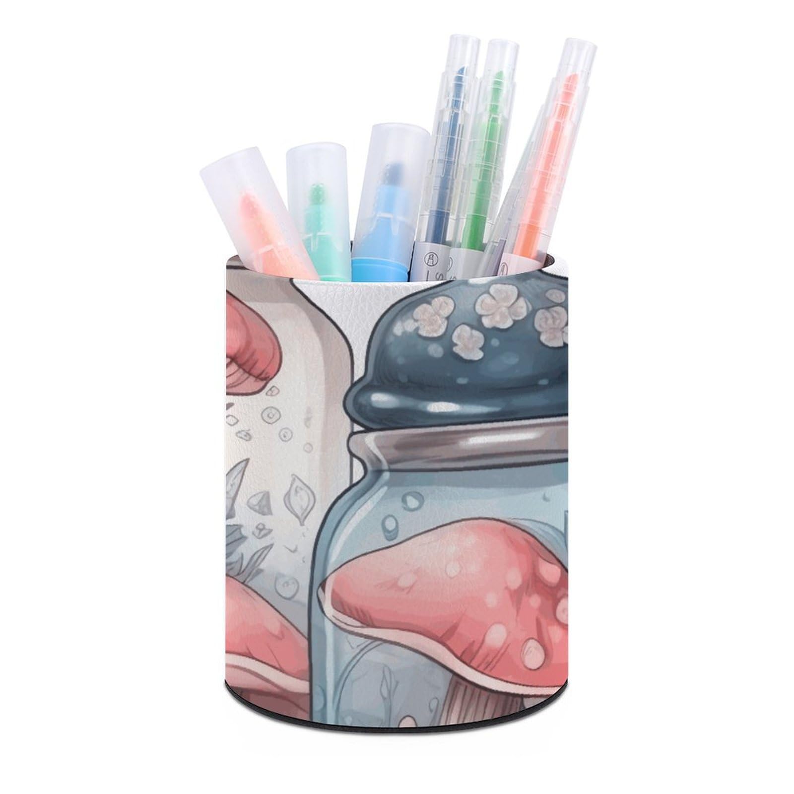 KLOPH PU Leather Pen Holder for Desk, Aesthetic Pencil Cup for Desktop, Makeup Brush Srotage for Pens Organizer Office Supplies, Mushrooms And Jars Pen Cup Pencil Caddy for Home Art Supply