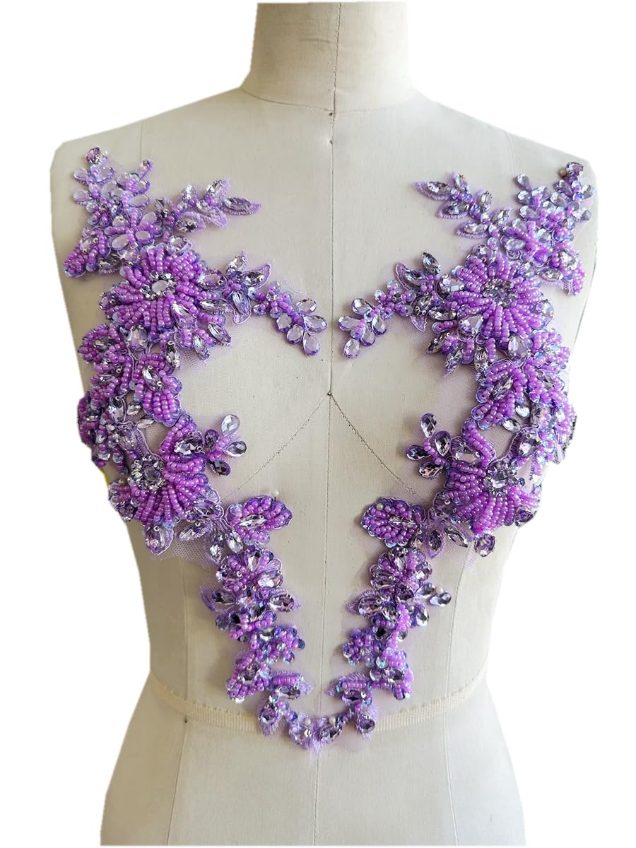 Handmade Rhinestones lace Trim Patches handsewing Beads Applique for Dress One Pair DIY Accessories (Lightpurple)