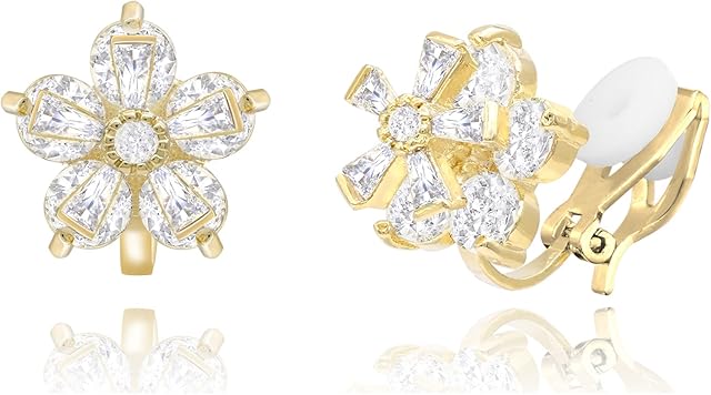 QUKE Flower Snowflake Shape Cubic Zirconia Crystal Golden Clip On Earrings Non Pierced Stud for Women Girls