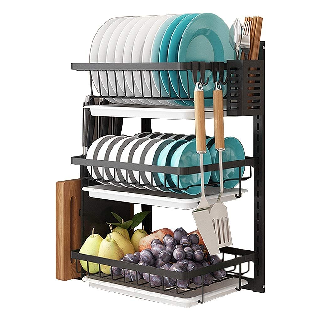 Escurridor de Platos de Cocina de Tres Niveles para Montaje en Pared, de Acero Inoxidable con Bandeja de Drenaje, Soporte/Gancho para Cuchillos y Palillos, sin Perfo,
