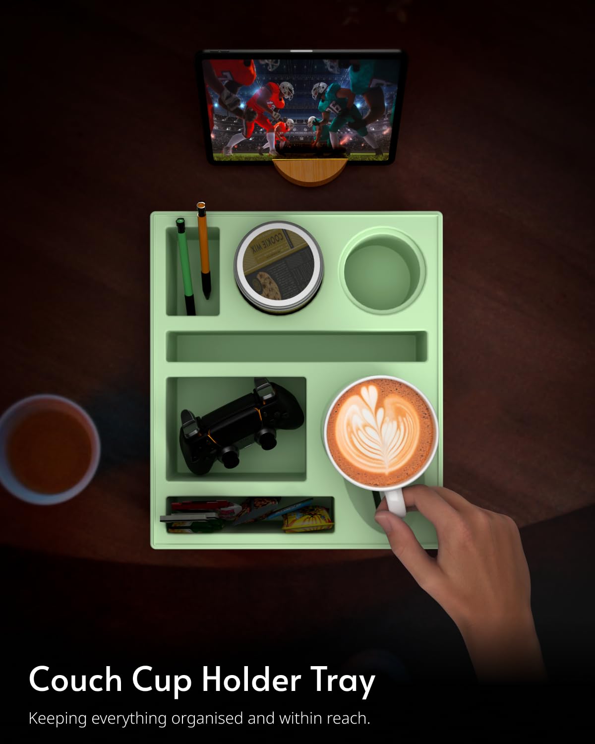 Portabicchieri – Organizer per divano, in silicone, da spiaggia, con portabevande e portabevande e vassoio per divano, tavolo per snack, telecomando per bevande (verde)
