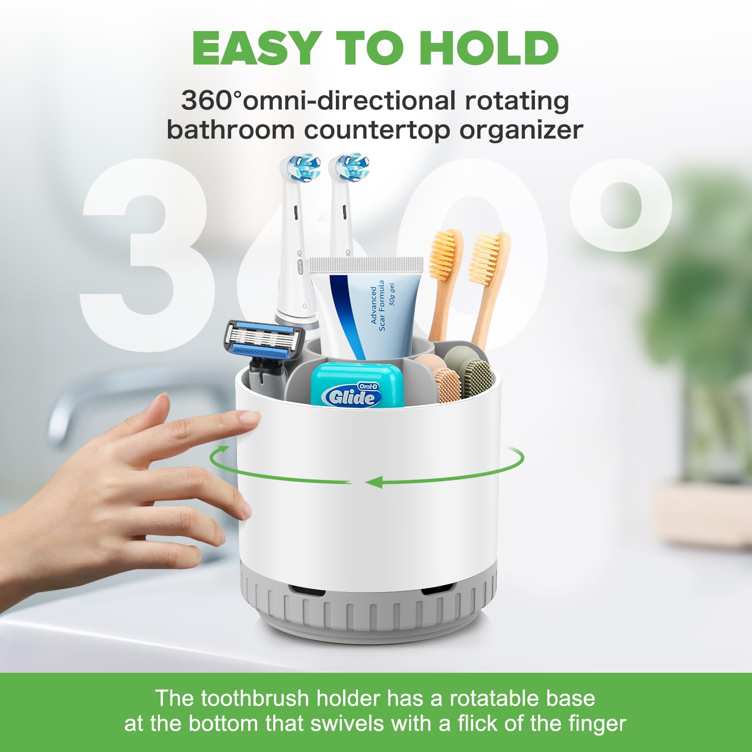 GFWARE Soportes para cepillos de dientes para baños, giratorio 360°, soporte para cepillo de dientes eléctrico y pasta de dientes, organizador de cepillos de dientes desmontable con 6 ranuras,
