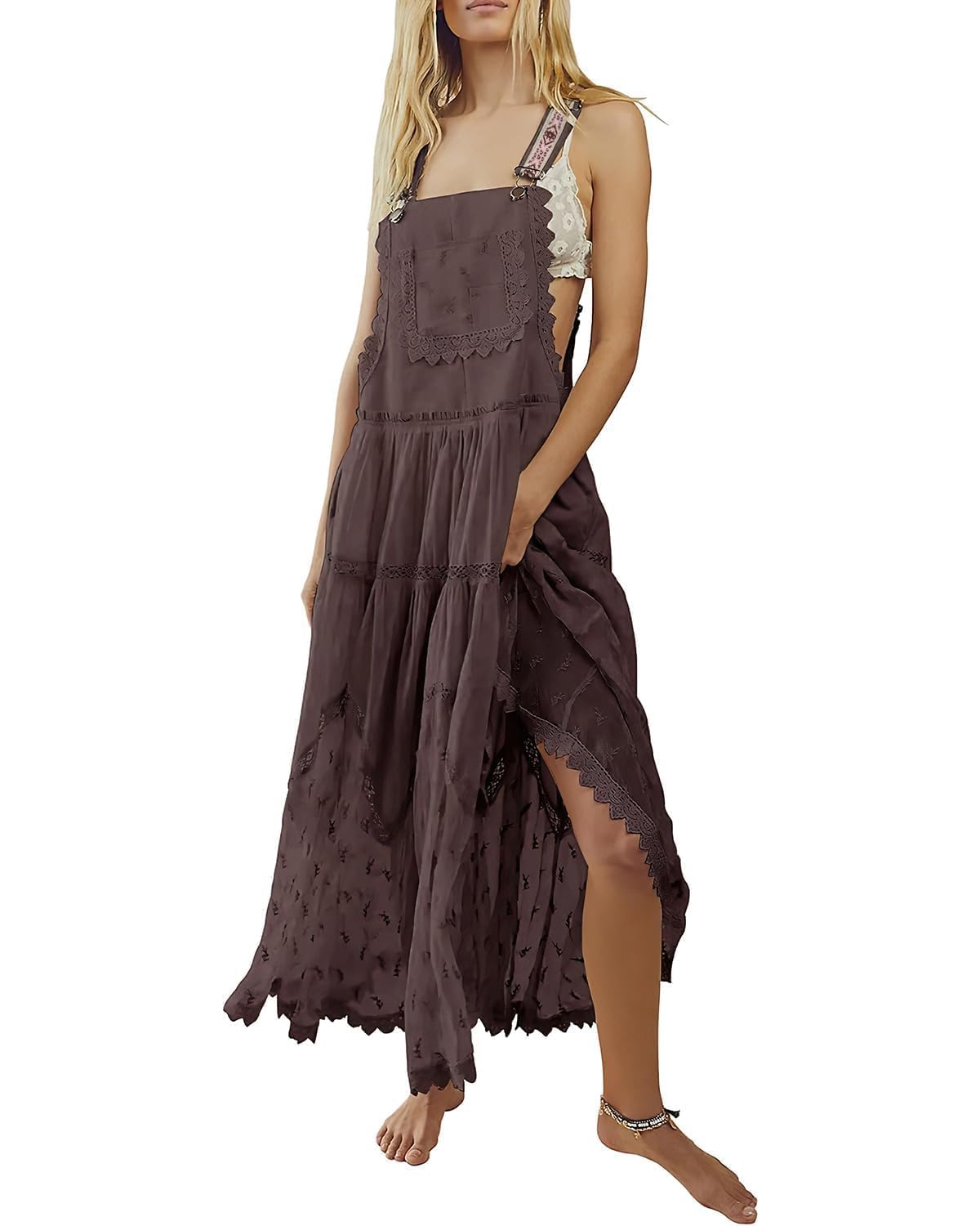 ebossy Women's Laced Embroidered Tulle Bib Dress Casual Loose Adjustable Straps Maxi Dress, Coffee, XS
