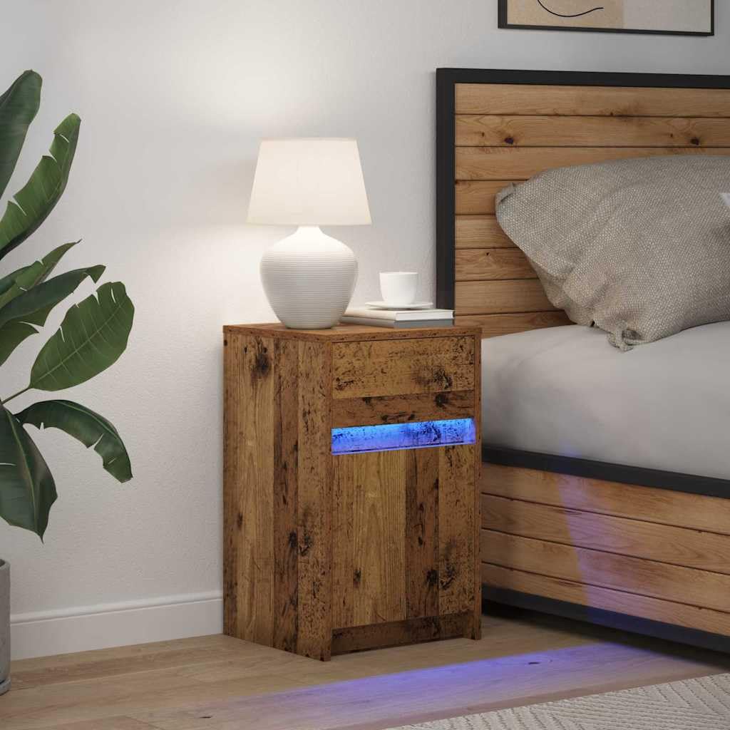 LED Nachttisch Altholz Holzwerkstoff 38 x 34 x 61 cm mit Schublade, USB LED-Lichterketten, moderner Nachtschrank für Schlafzimmer, Wohnzimmer, Kinderzimmer
