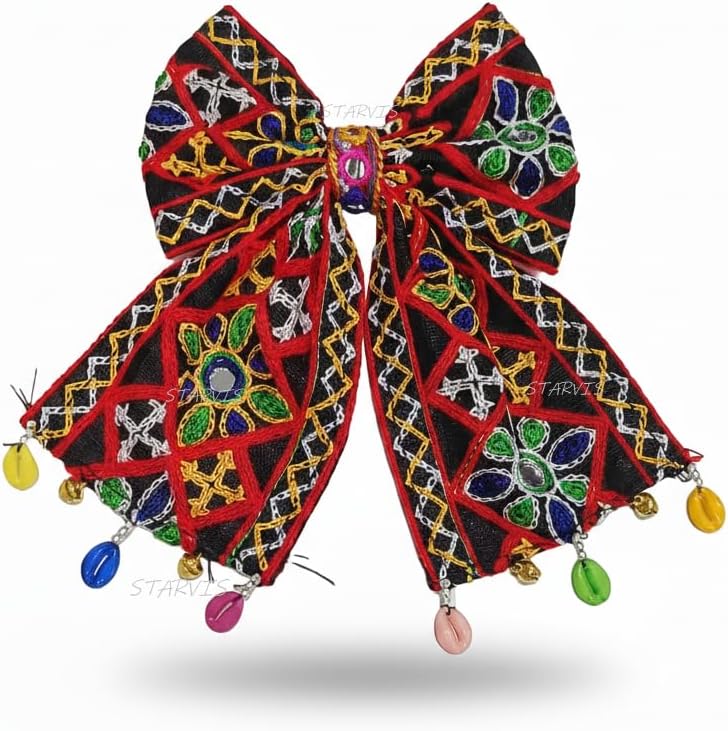 Starvis Navratri Special Hair Accessories Bow Tie Hair Bow Clip – Traditional Embroidered Bow for Women & Girls, Festive Hair Accessory for Garba, Dandiya, and Indian Ethnic Wear Hair Clip with Shell Dandiya Night For Women
