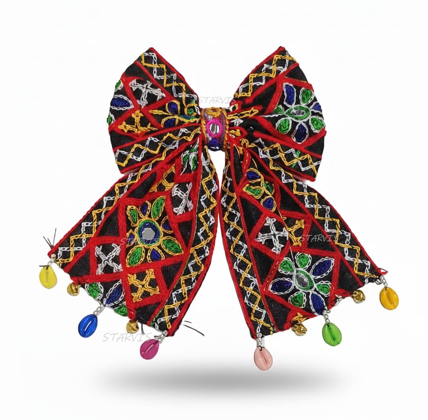 Starvis Navratri Special Hair Accessories Bow Tie Hair Bow Clip – Traditional Embroidered Bow for Women & Girls, Festive Hair Accessory for Garba, Dandiya, and Indian Ethnic Wear Hair Clip with Shell Dandiya Night For Women