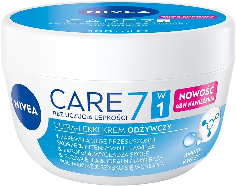 NIVEA CARE 7w1 Ultra-lekki Krem do Twarzy Odżywczy z Aminokwasami, 48 h Nawilżenia, Krem Nawilżający do Suchej i Odwodnionej Skóry, Szybko Wchłaniający się Krem na Dzień dla Kobiet i Mężczyzn, 100 ml