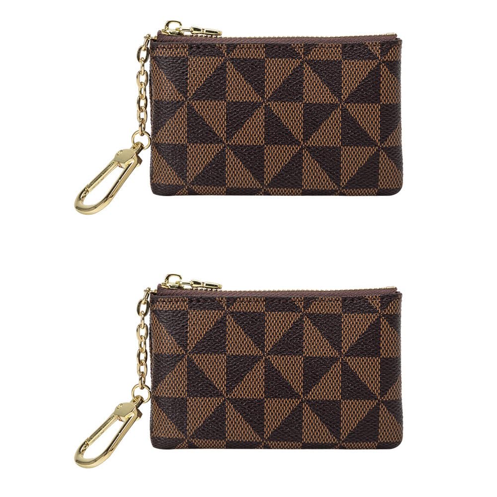 2 Pack Leather Coin Purse for Women with KeyChain Small Zipper Change Purse Coin Pouch Card Holder Men Wallet Clutch (Brown- 2 PCS)