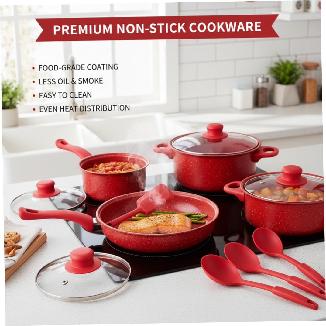 Set Di Pentole Antiaderenti, Set Di Pentole Antiaderenti Da 13 Pezzi, E Padelle Con Padella, Pentola Per Il Latte E Utensili Per La Cucina Casalinga, Rosso..
