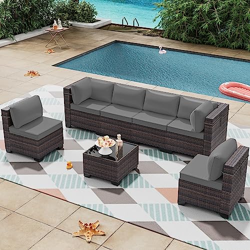 Image of 7 Pieces Outdoor Patio Furniture Set,Outdoor Sectional Furniture All Weather PE Rattan Wicker Patio Conversation Set with Coffee Table and 6 Thickened Cushions,Grey