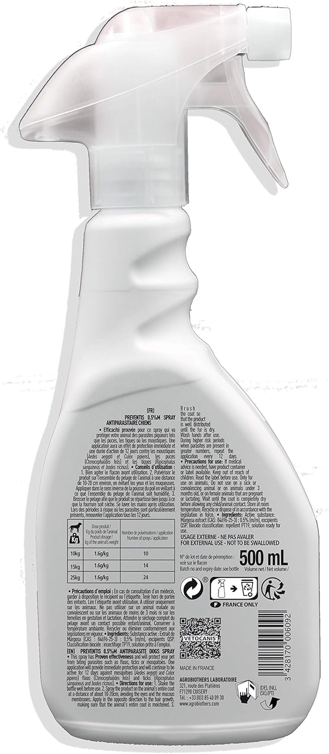 VETOCANIS, Spray Anti-puces et Anti-Tiques et Anti-Moustiques pour Chien, Spray Antiparasitaire 500ML, Répulsif Efficace 12 JOURS