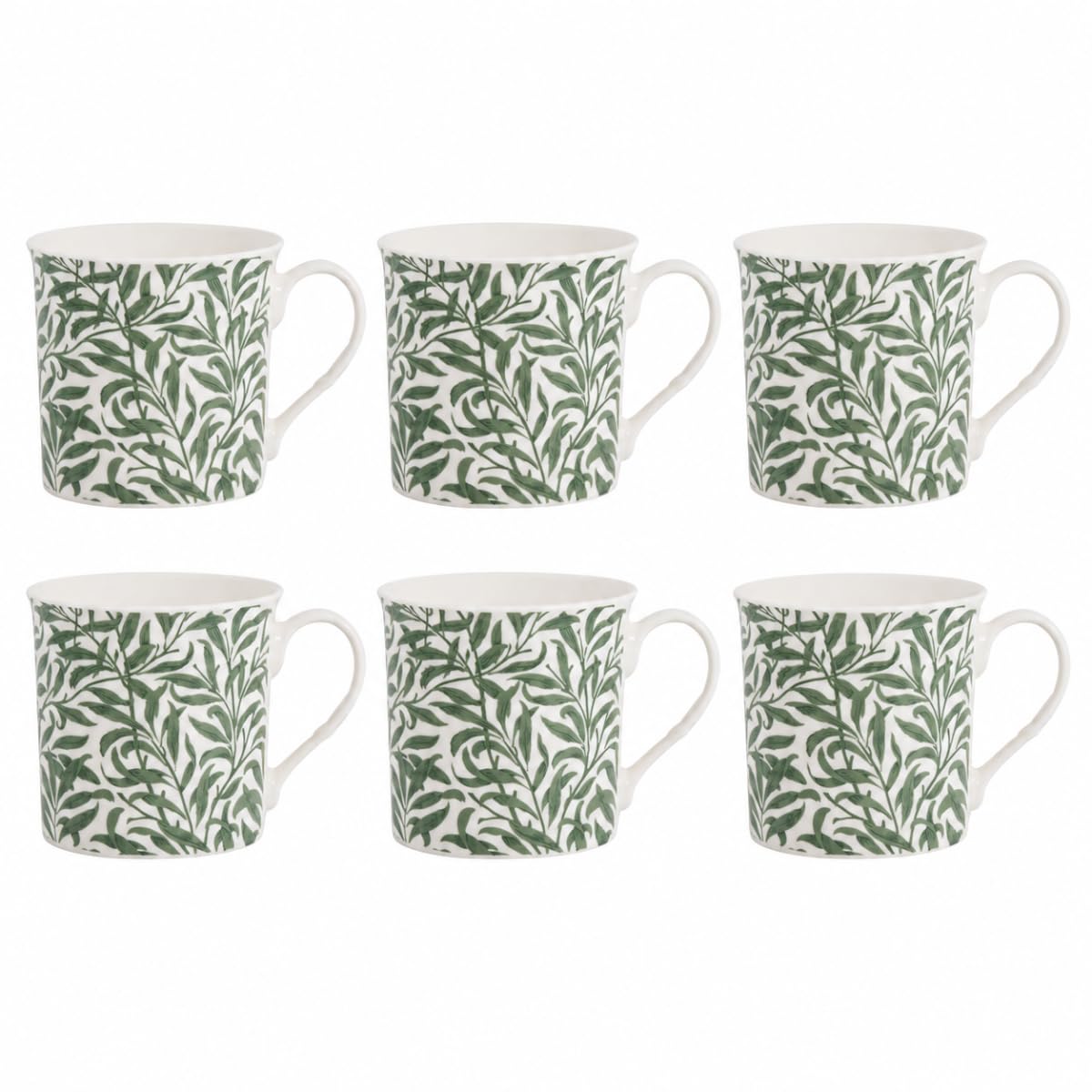 Set of 6 Green Leaf Print New Bone China Mugs 310ml Tea Coffee Cups Botanical Design Lightweight Durable Everyday Drinkware for Home Office Kitchen Use