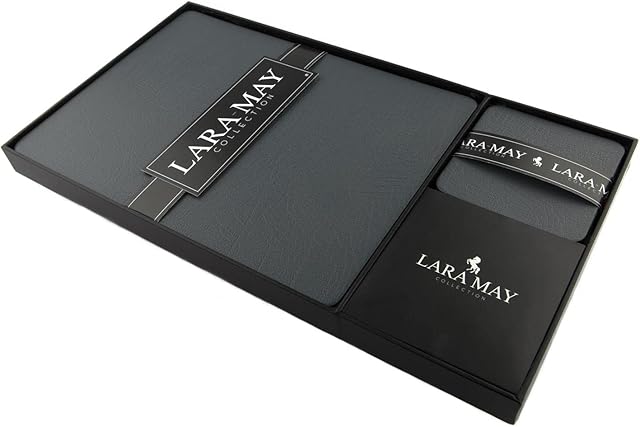 Sets Of 6 Slate Grey Recycled Leather Placemats ( 28cm x 21cm ) and 6 Recycled Leather Coasters. Made In The UK By Lara-May.