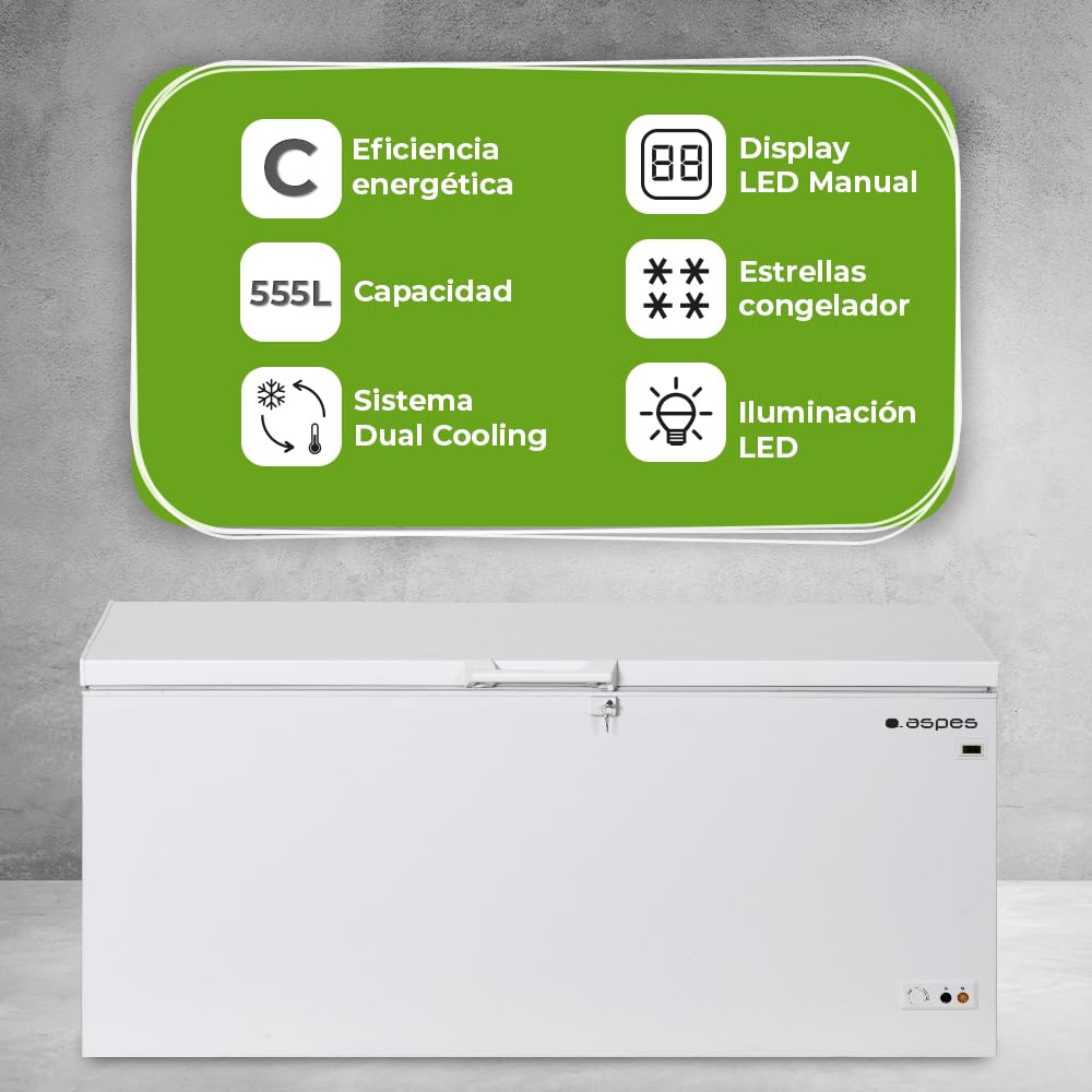 Aspes Congelador horizontal Blanco ACH5600EDC. Capacidad 555 Litros, Dual Cooling, 3 Cestas, Bajo nivel Sonoro, Eficiencia Energética Clase C
