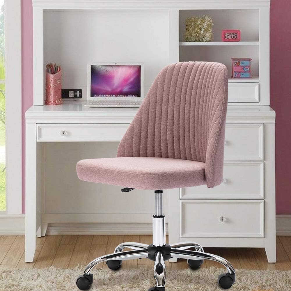 Photo 1 of NEWBULIG Vanity Ergonomic Rolling Work Swivel Chair with Wheels, Armless Comfortable Seat Lumbar Support for Home Bedroom Study Student Adults, Pink