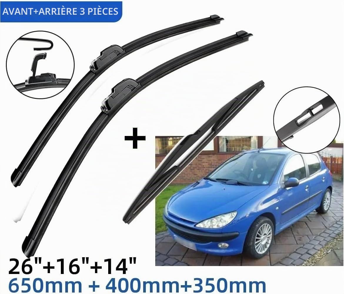Kit de 3 Essuie-Glaces Compatible avec Peugeot 206 SW (2002-2006) | Avant 26"+16" & Arrière 14" | Silencieux