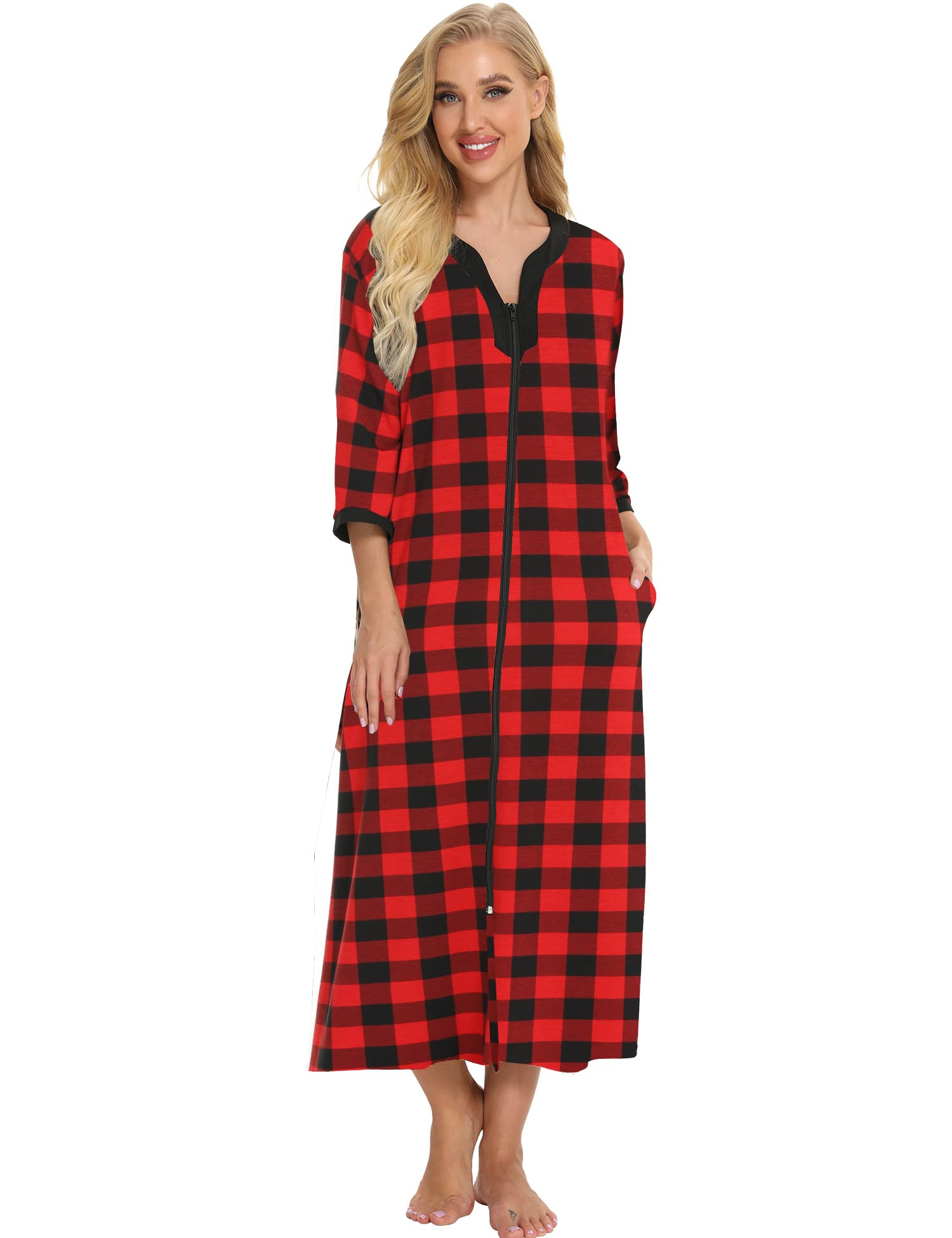 Bloggerlove House Dresses for Women Zip Up Robes Soft Cotton Nightgown Half Sleeve House Coat Long Night Gowns Sleepwear