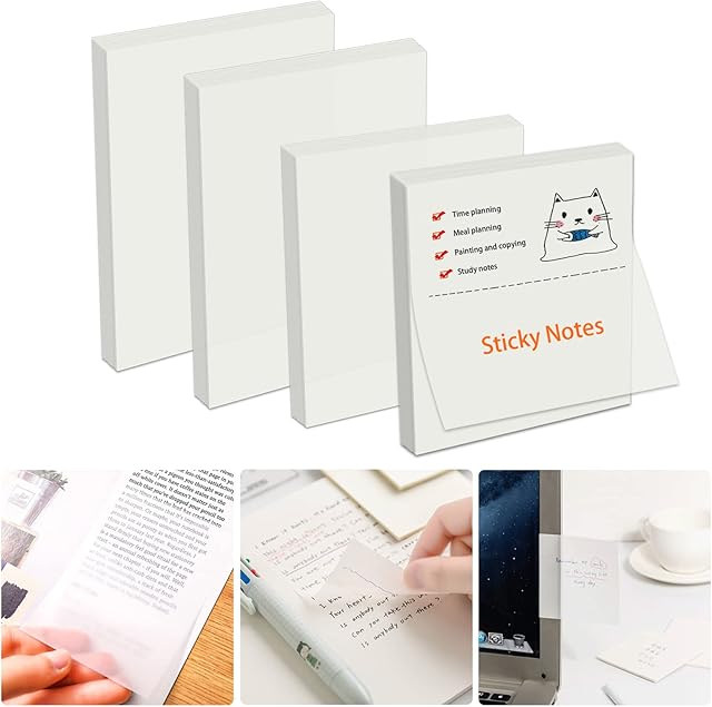 200pcs Transparent Sticky Notes See Through Clear Tabs Set Self-Stick Note Pads for Writing Message Memo Notes