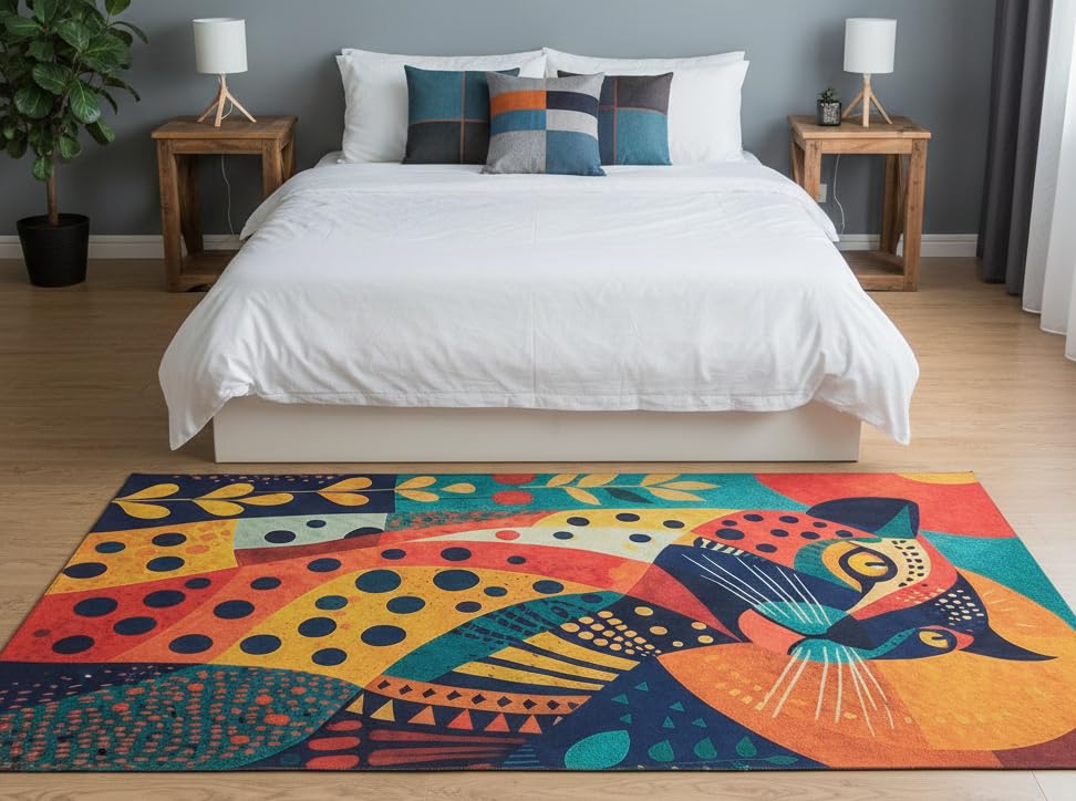 Image of Cotton Bolls Textiles Rugs for Living Room 5x7 Feet Large Size | Lightweight Foldable Carpet for Bedroom & Hall | Easy to Handle During Daily Cleaning | Travel Friendly Printed Rug | Leopard