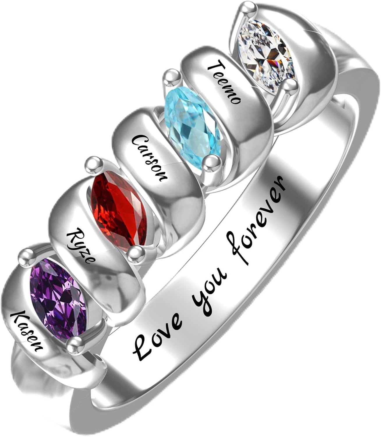 1-6 Birthstones Promise Ring for Women Custom Marquise Birthstones Mother Rings Solid 10K/14K/18K White Yellow Rose Gold Engraved Names Engagement Mother Day Rings for Her Wife Mom