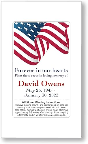 Miniatura 3 de 50 paquetes de semillas funerarias conmemorativas de flores silvestres con bandera patriótica estadounidense para veteranos, recuerdo, celebración
