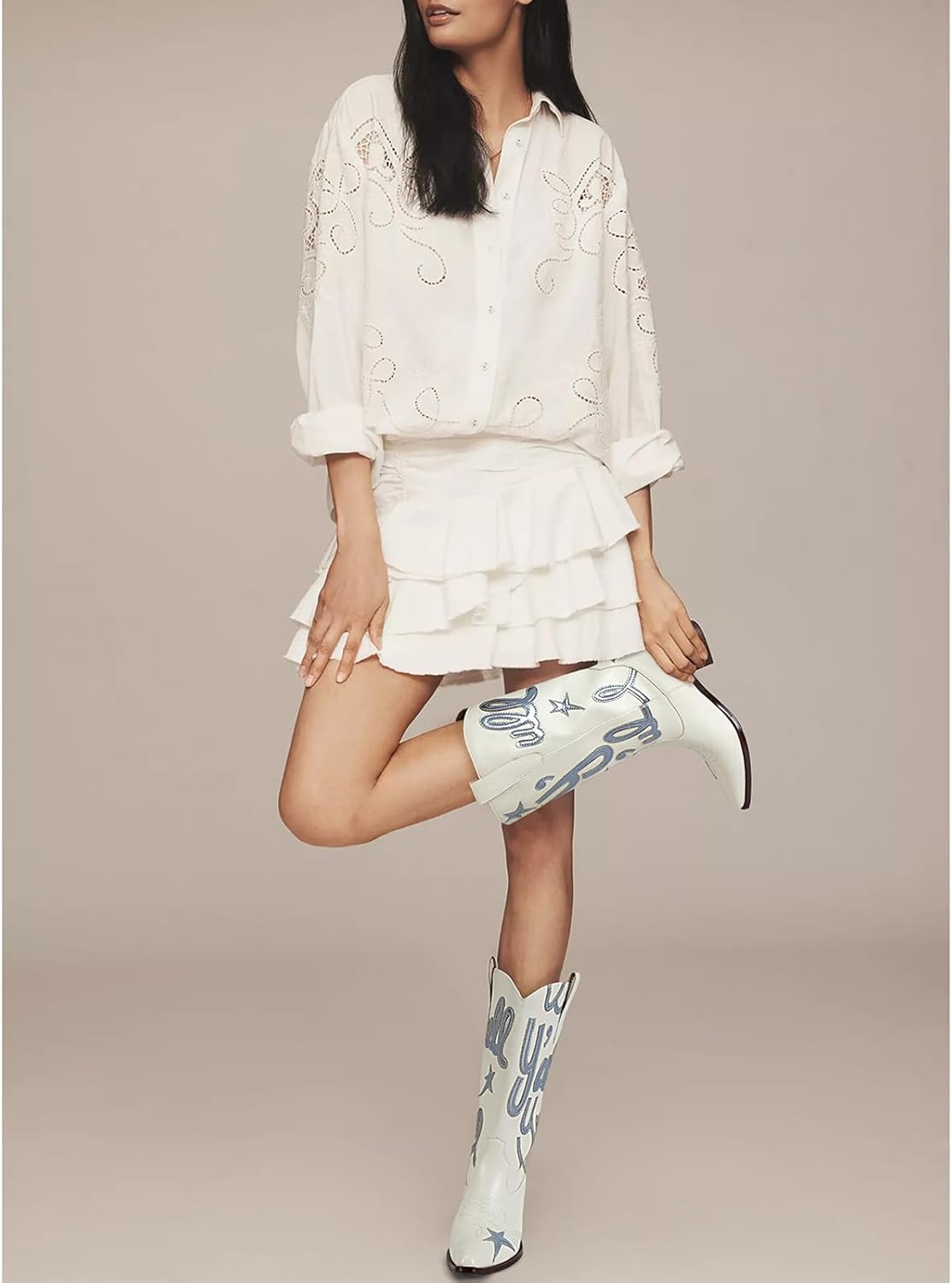 Cowboy Boots for Women Pull On Mid Calf Western Boots Fashion Embroidery Cowgirl Boots Pointed Toe Chunky Heel Boots - Image 3