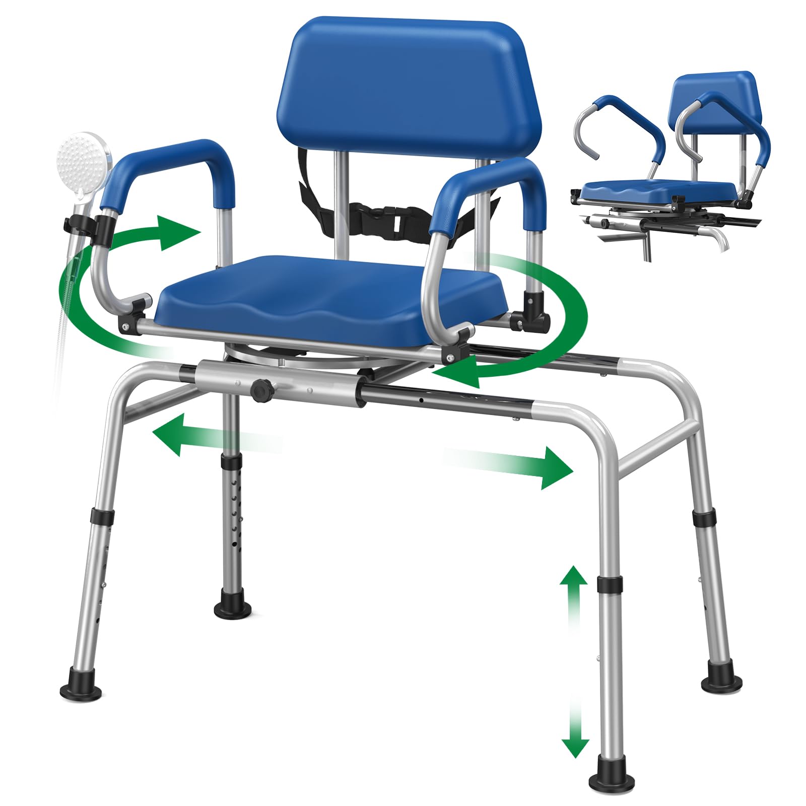 Silla de baño ajustable con soporte trasero, color azul