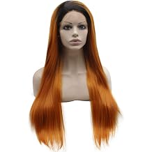 MX angel Long Straight Ombre Orange Synthetic Lace Front Wig Black Roots Half Hand Tied Heat Resistant Fiber Hair Wig