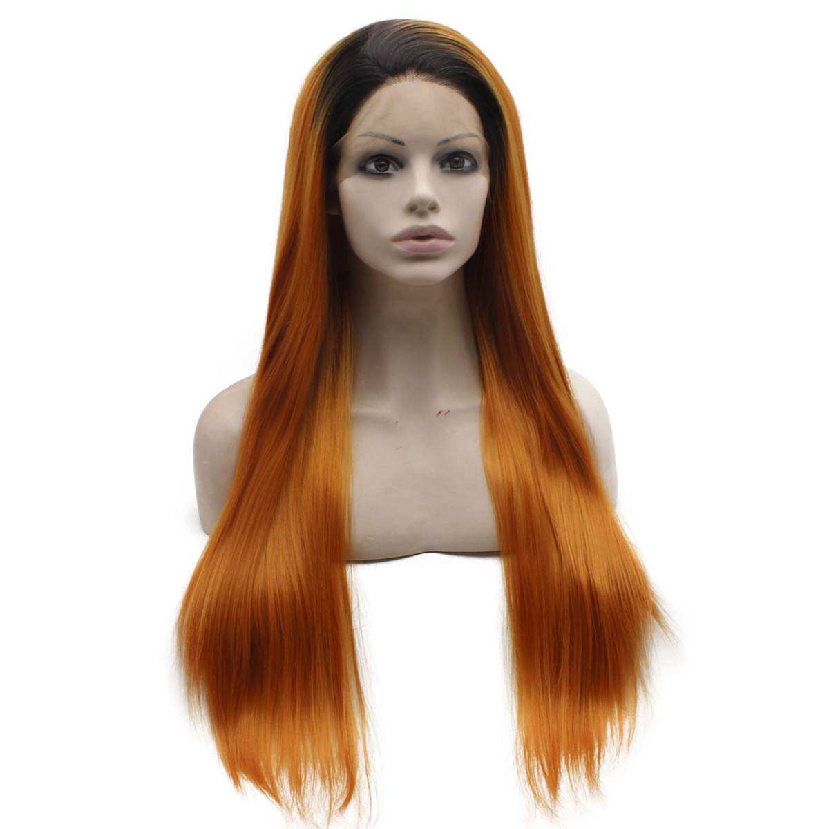 MX angel Long Straight Ombre Orange Synthetic Lace Front Wig Black Roots Half Hand Tied Heat Resistant Fiber Hair Wig