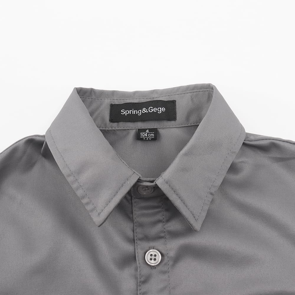 Spring&Gege Camisa de vestir de satén de manga larga para niños, sin arrugas, lisa, formal, con botones