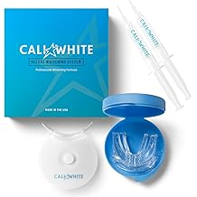 Cali White Teeth Whitening Strip Kit with LED Light and Batteries - Organic Peroxide Teeth Whitener Gel - Set of White Strips - 2x5ml Syringes, Thermoform Whitening Kit Trays and Case
