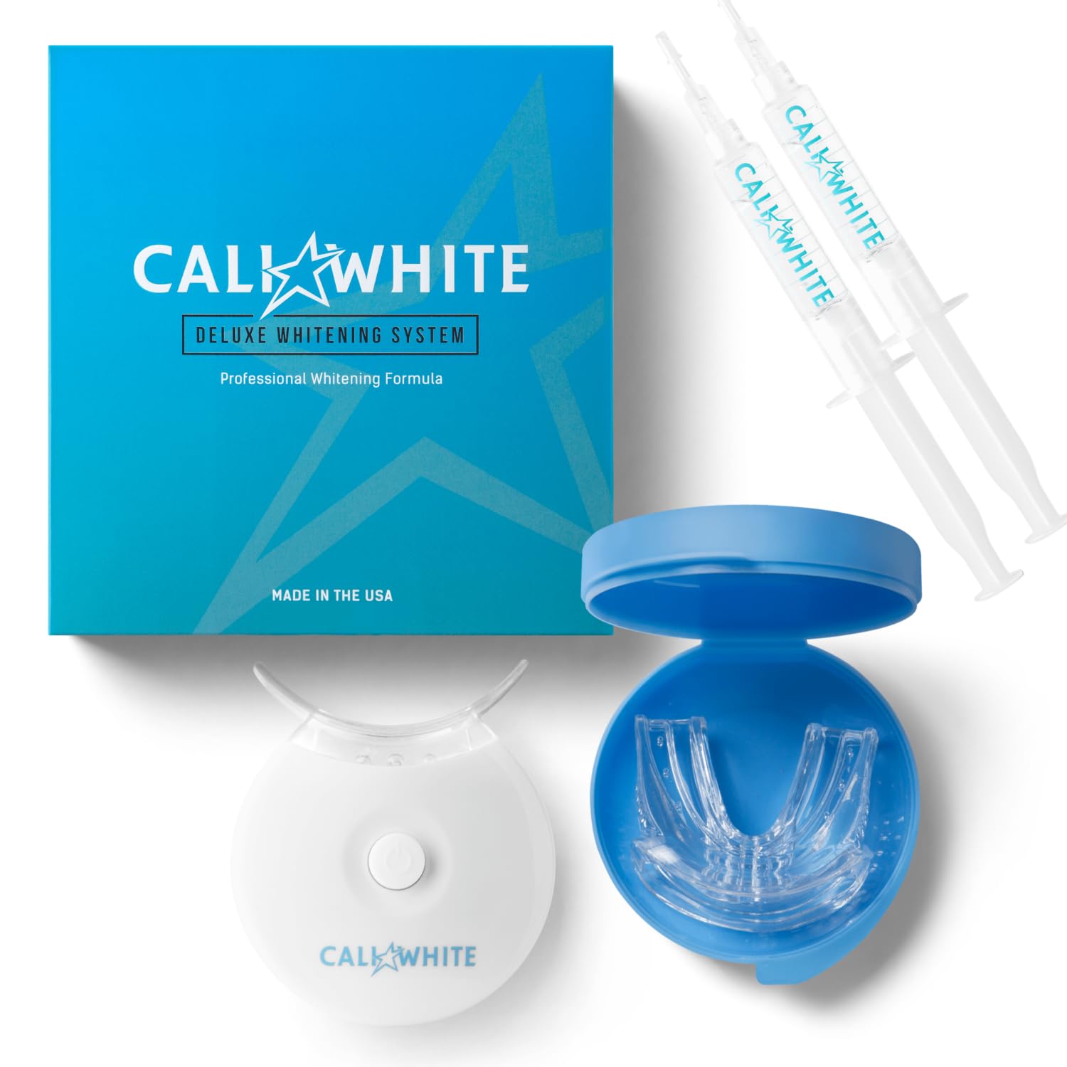 Cali White Teeth Whitening Strip Kit with LED Light and Batteries - Organic Peroxide Teeth Whitener Gel -