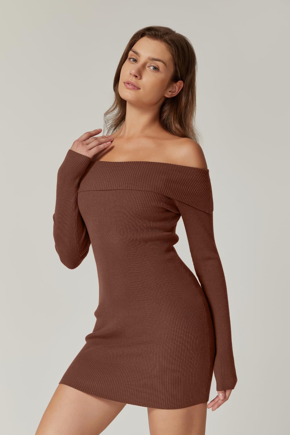 QINSEN Women's Off The Shoulder Ribbed Knit Sweater Dress Folded Neck Long Sleeve Mini Dress 2024 Trendy Fall Outfits - Image 5