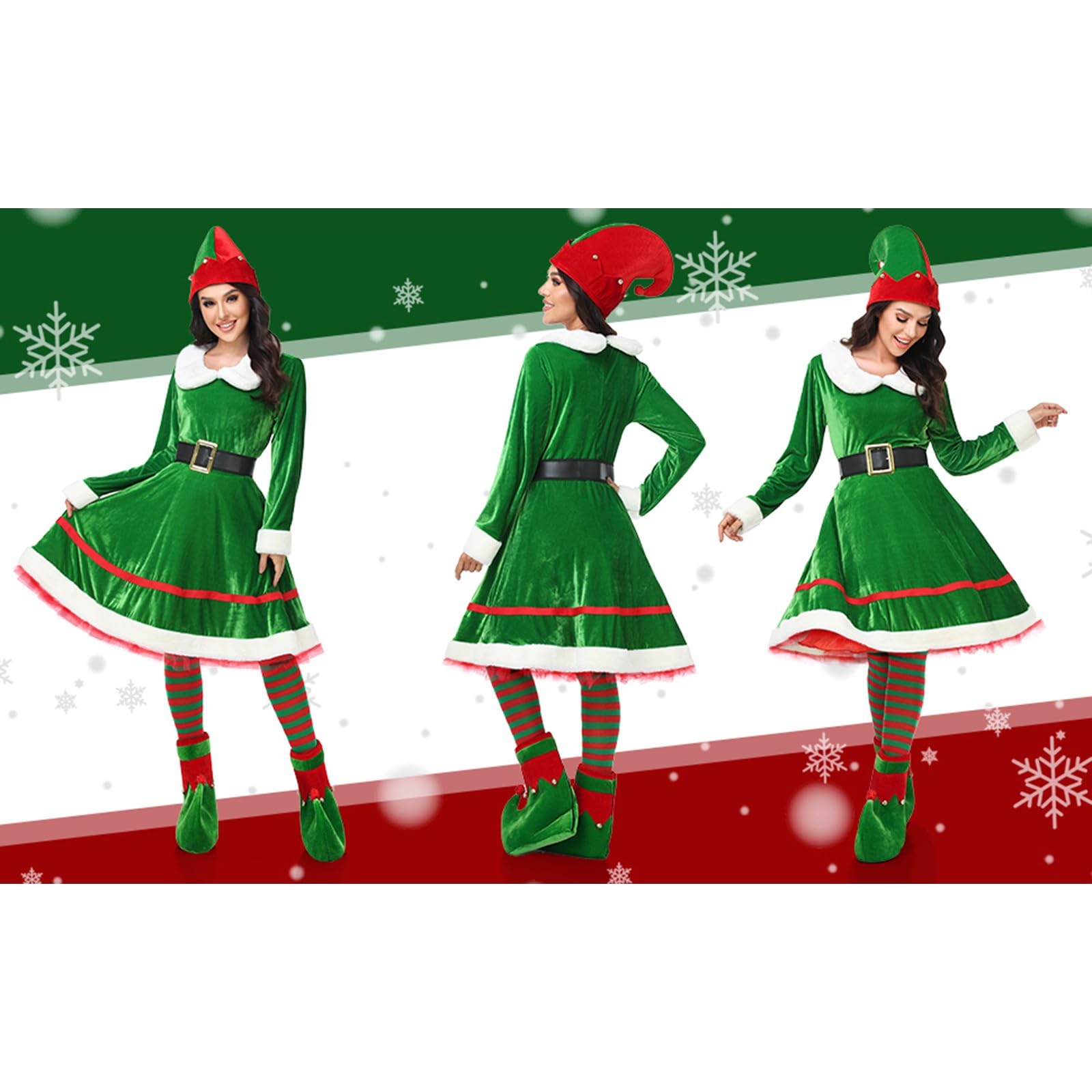 Damen Weihnachtskleid 5 Teiliges Weihnachtselfen Kostümset, Samtkleid+Gürtel Elf Cosplay Set, Festliche Elfenkleidung, Weihnachten Party Club Kostüm Karneval Cosplay