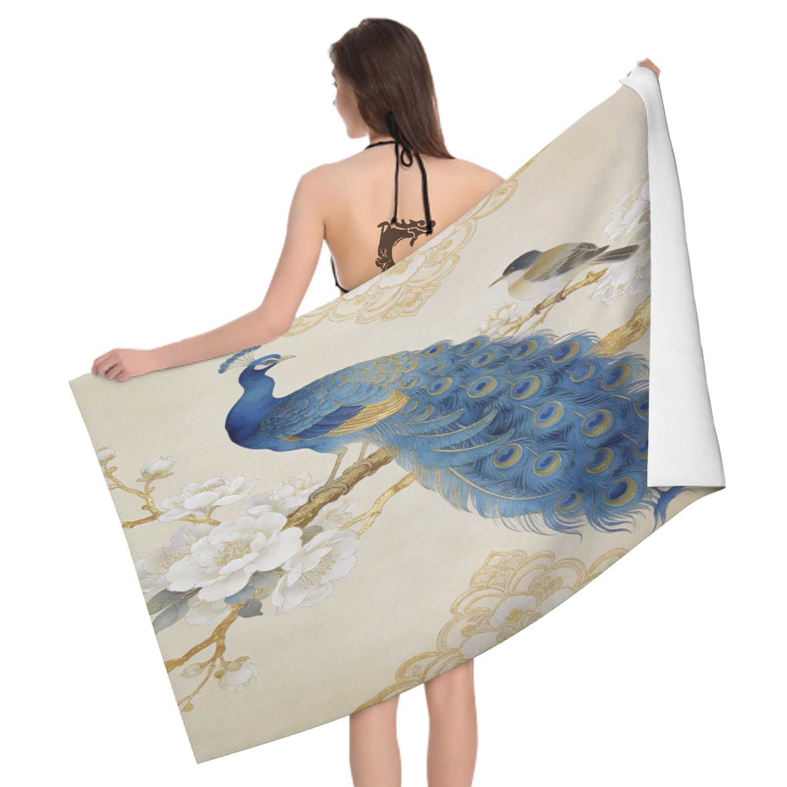 Leichong 3D Cartoon Peacock Beach Towel Microfiber Soft Quick Dry for Adults, Chinese Flower & Bird Bath Towel Lightweight Soft Absorbent for Travel Swimming Pool Sports, 75 x 150 cm