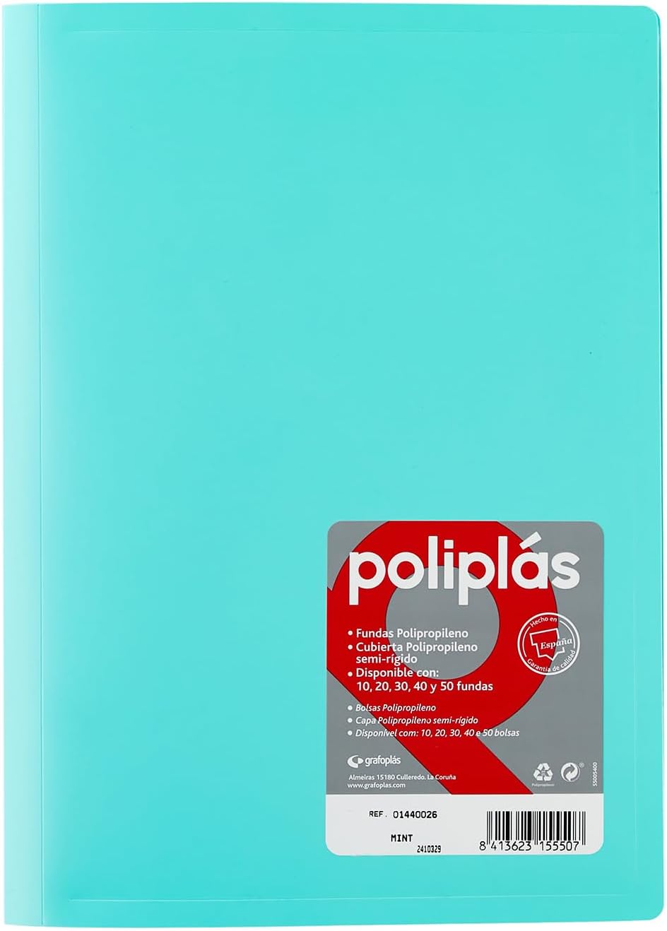 Grafoplas I Folder with Plastic Sleeves I 30 Transparent Sleeves I DIN Size A4 Pastel Green I Series Polyplas Opaque I Made in Spain I Flexible Covers I Large Storage Capacity