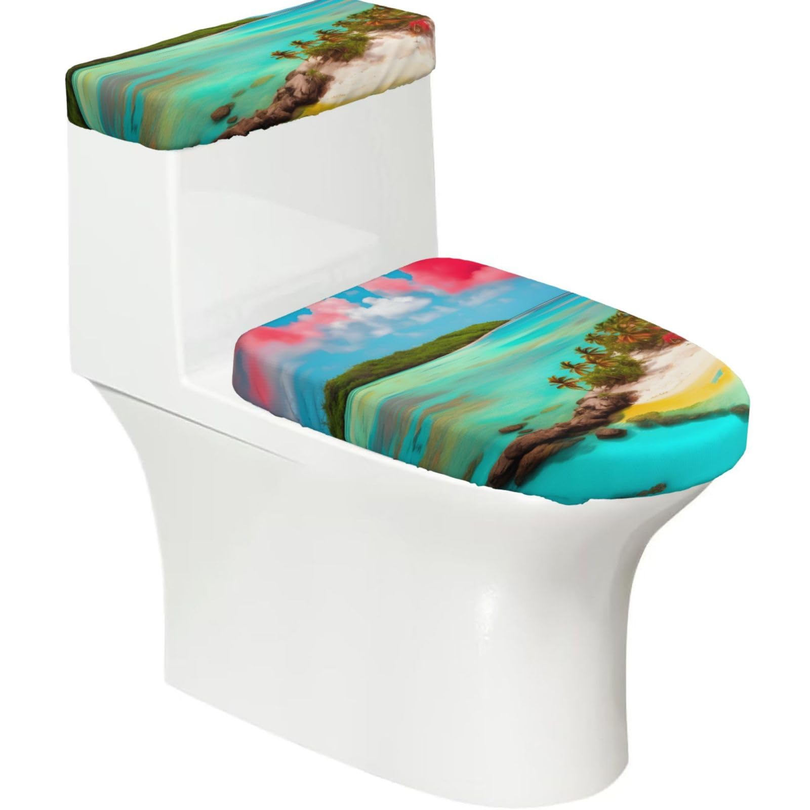 Cntdbu Black Caribbean Scenery Elastic Toilet Cover Set Of 2-Stretchy Lid And Tank Covers For Bathroom, Soft Washable U Shape Toilet Decor