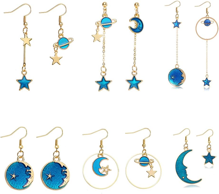 Blue Planet Earrings Dangle Asymmetrical Star Moon Earth Hook Earrings for Women Long Chain Stick Star Tassel Drop Earrings Universe Galaxy Solar System Earrings Jewelry Gifts 6 Pairs/set