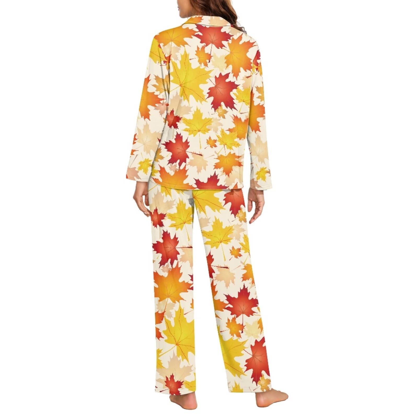 Biyejit Conjunto de pijama para mujer, estilo casual, con botones, cuello en V, bolsillos y bolsillo, tallas XS-4XL, 2 piezas, Hojas de arce otoñales, 3XL