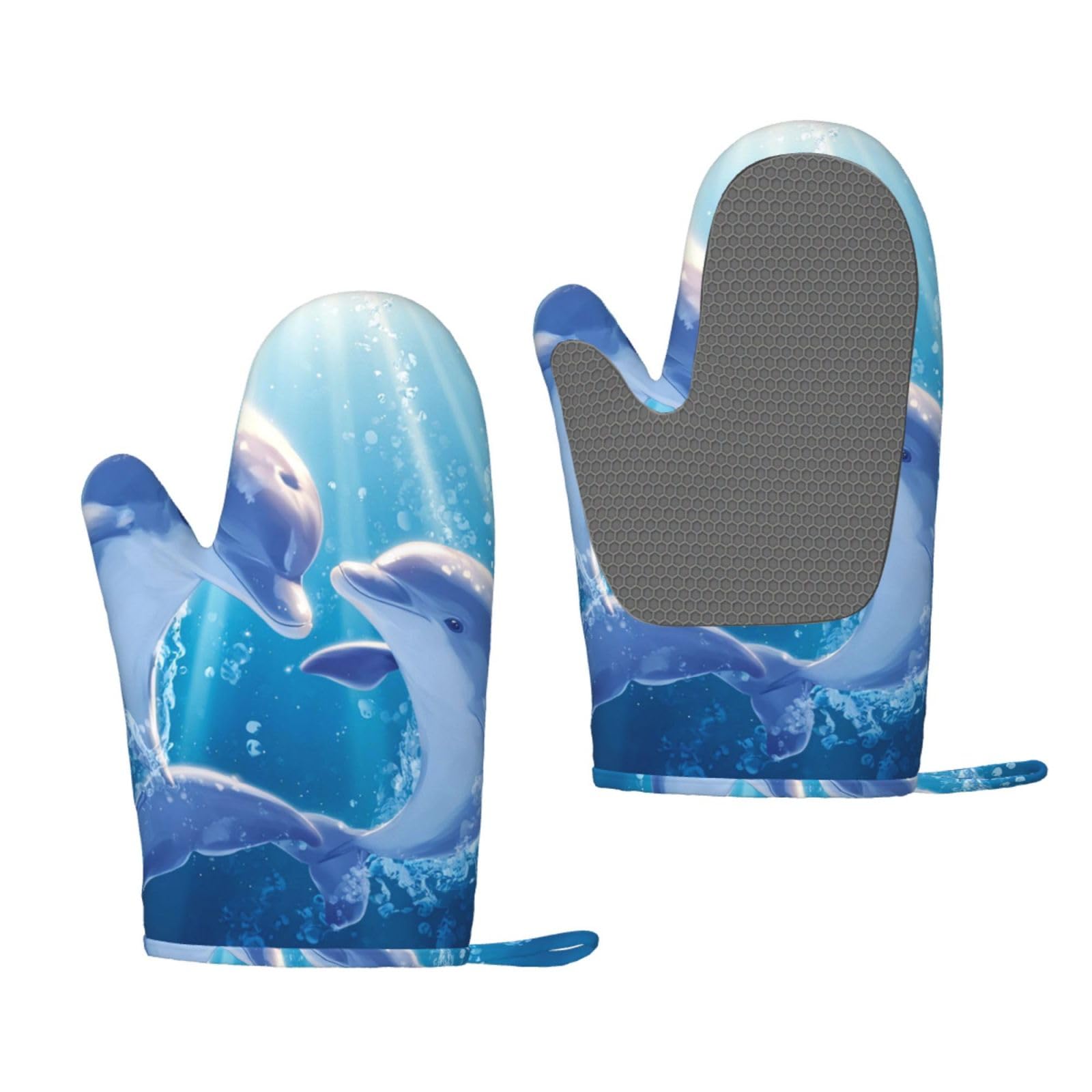 Oven Mitts Sets of 2 Heat Resistant Kitchen Gloves Dolphins in Love Oven Mitts BBQ Oven Gloves Non-Slip Silicone Oven Mitts Waterproof Cooking Safety Gloves for Kitchen Baking Cooking