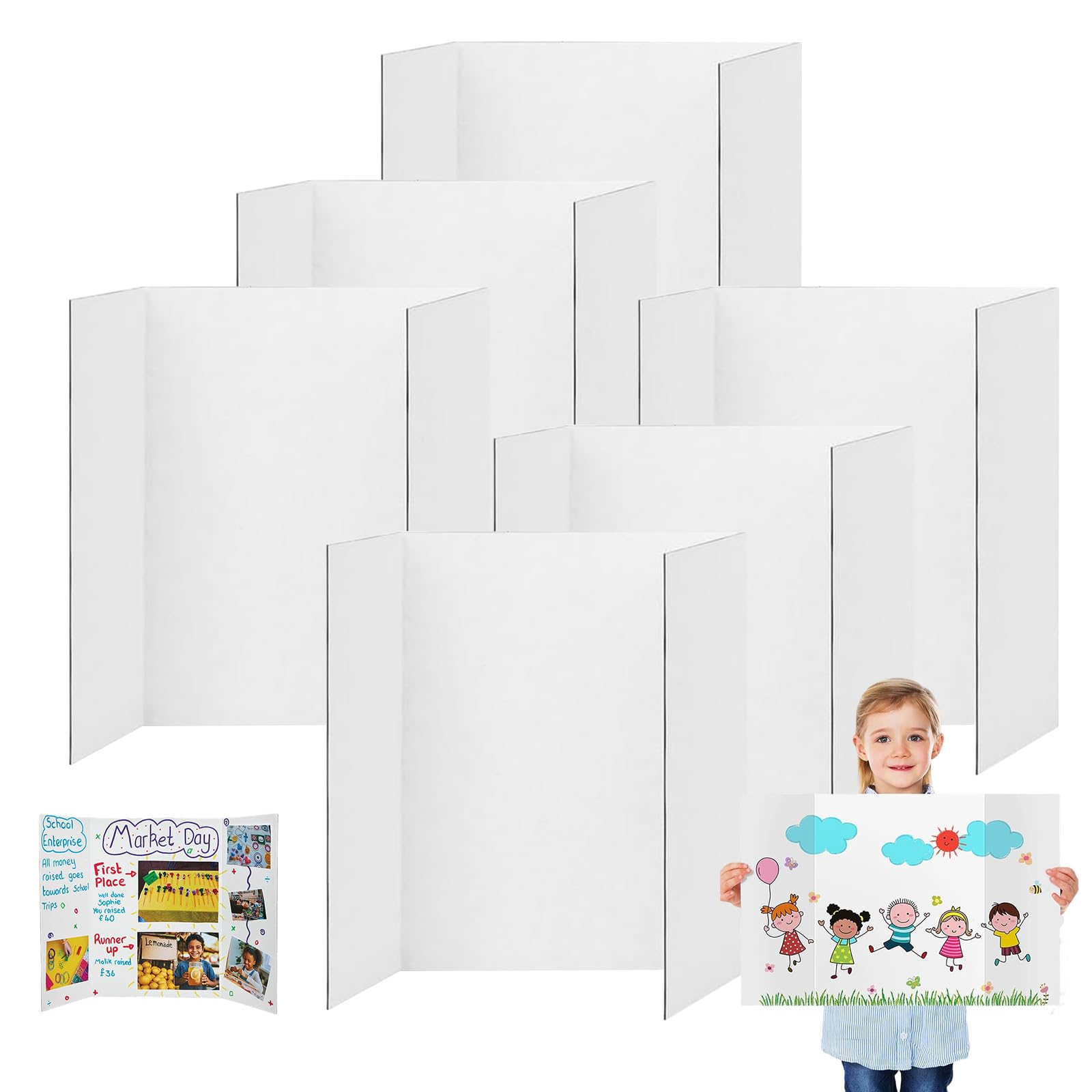 6 PCS Tri-Fold Presentation Boards 24x16in, Foldable Double Side Poster Board Display Cardboard for Displaying Table Top Business School Home Creativity (White)