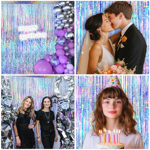 Image of 4 Packs Silver Foil Fringe Curtain, Silver Glitter Metallic Tinsel Backdrop for Birthday, Wedding, Baby Shower, Bachelorette, 70s 80s 90s Theme Disco Party, Iridescent Party Decorations Supplies
