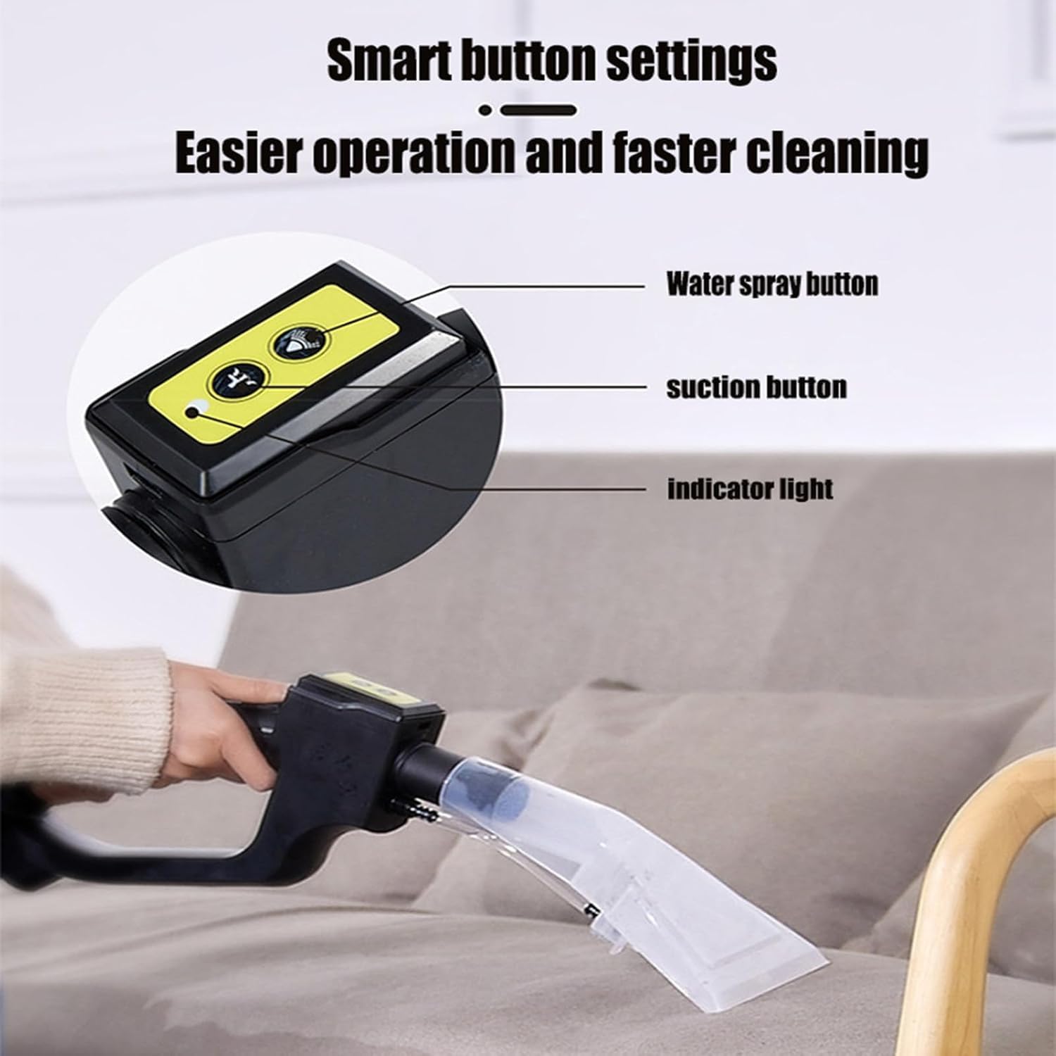 Close-up of the remote control handle with water spray button, suction button, and indicator light