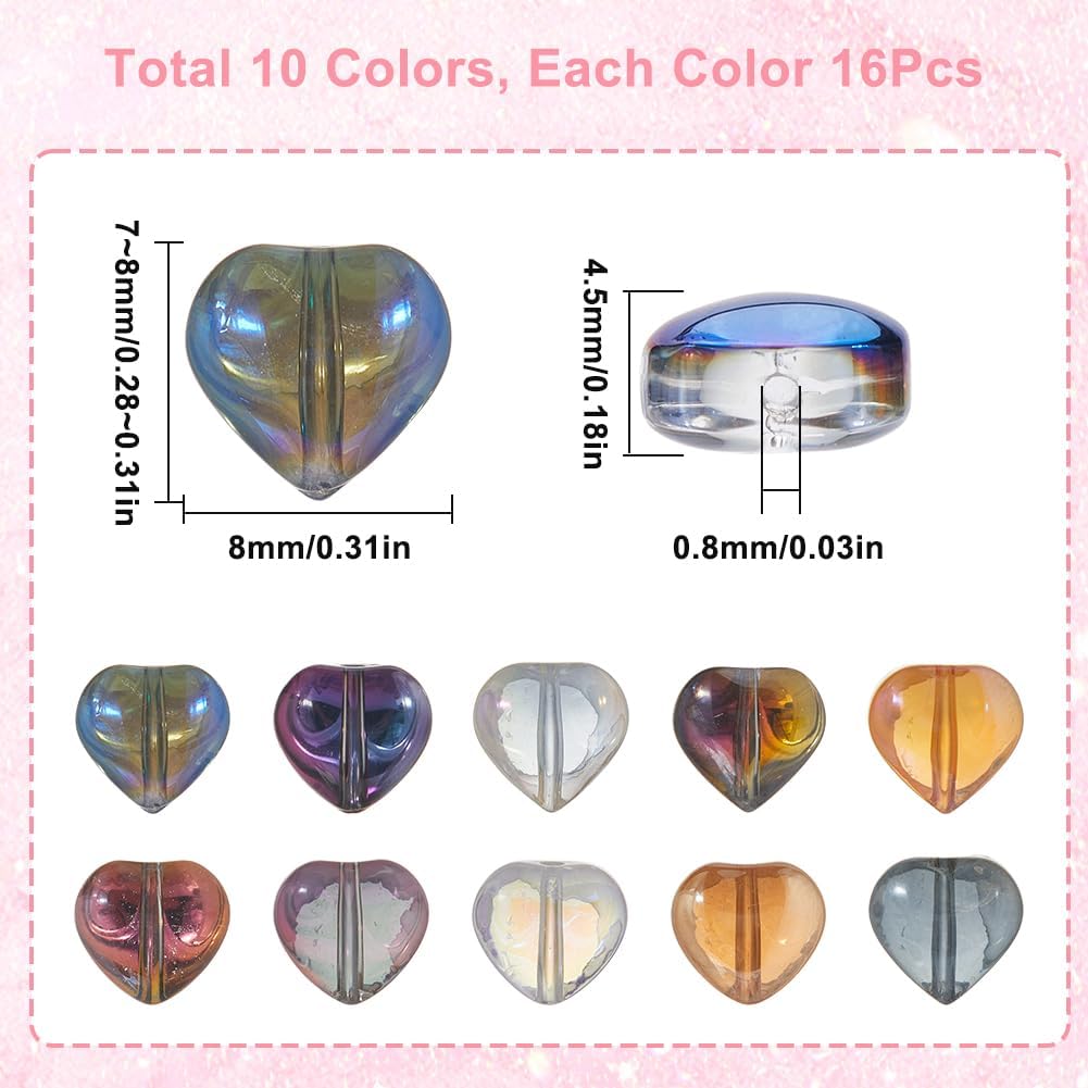 1 Box 160Pcs 10 Colors Glass Heart Shaped Beads Electroplated Glass Beads 8mm Colorful Crystal Metallic Plated Small Spacer Loose Bead for Jewelry Making Bracelet Necklace Beading DIY Craft - Image 2
